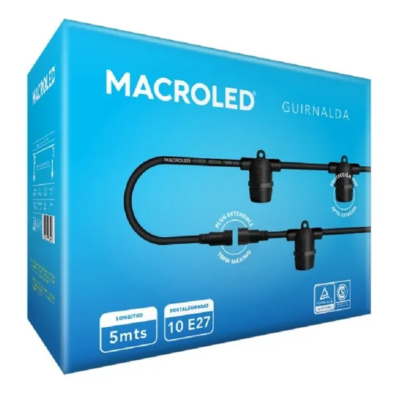 Guirnalda Kermese Led 5 Metros Para 10 Bulbos Macroled 700w Color Negro Portalampara Corto