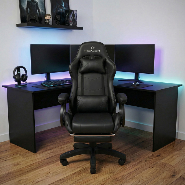 Cadeira Gamer Preto Healer Level Reclinável Com Apoio Pés Couro Sintético