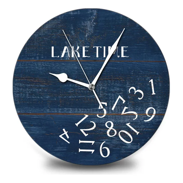Reloj Pared Redondo Madera Azul Lago Numero Irregular Para