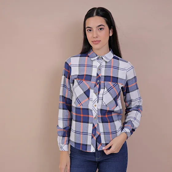 Camisa Upminorista Mujer Cuadrille Azul-naranj Mangas Largas