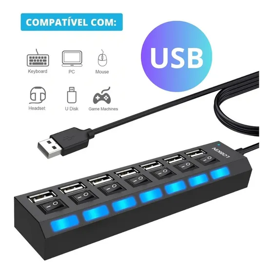 Hub Usb 2.0 Cabo Extensor Régua 7 portas High Speed Hd Pen Drive Pc