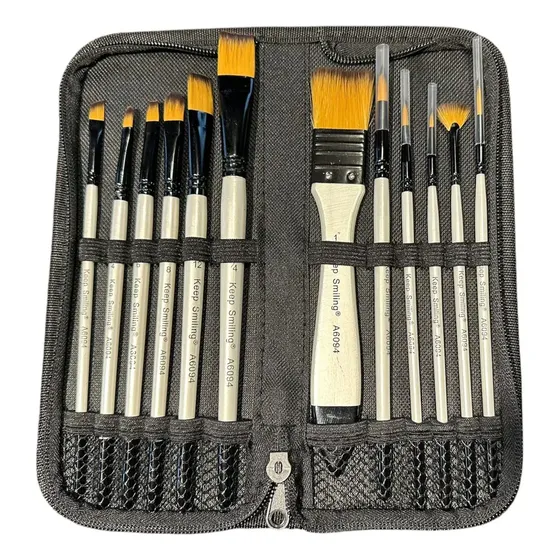 Kit Estuche + 12 Pinceles Arte Chato Redondo Pinceleta Liner Cerdas Dorado Oscuro