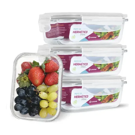 Conjunto Kit 4 Potes Vidro Hermético Marmita Fitness 370ml Cor Branco Nabox