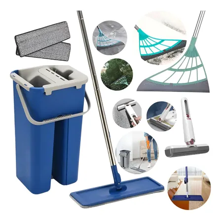 Mop Esfregão Balde Flat Limpeza + Rodo Mágico + Mini Mop Azul