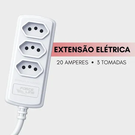 Extensão Eletrica 20 Amperes 3 Metros Para Ar Condicionado Secador Forceline 3 Tomadas Bivolt Tripolar Branco 127/220v