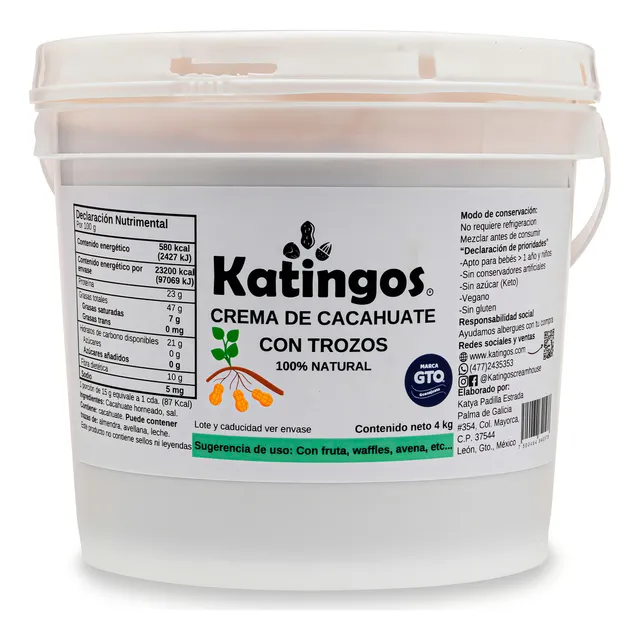 Crema de cacahuate con trocitos, natural, sin endulzar, en cubeta 4 kg, marca Katingos.