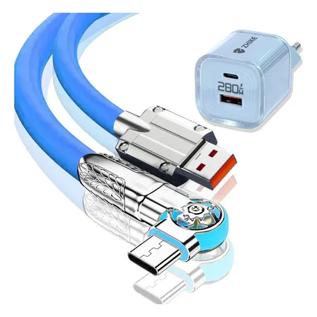 Kit Carregador 280w Gan Usb C Pd Qc 3.0 Cabo Silicone Tipo C Azul