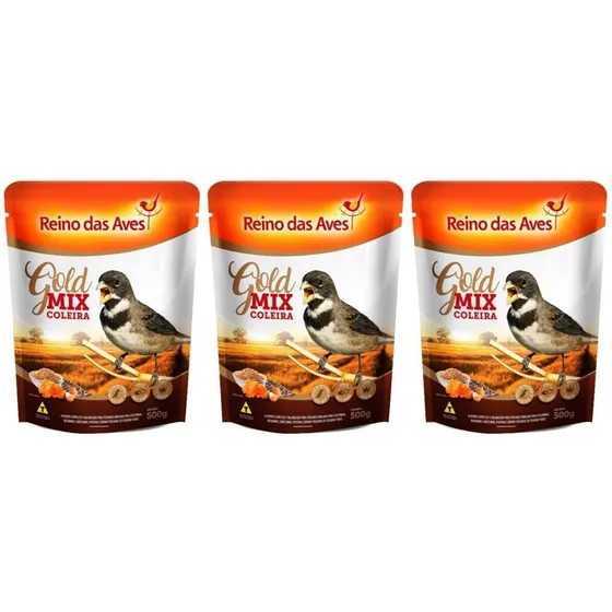 Kit Com 3 Ração Reino Das Aves Coleira Gold Mix