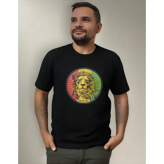 Remera Hombre Leon Sol Negra Little Jahmaica 100% Algodón