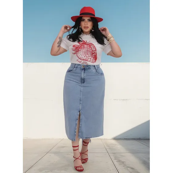 Saia Jeans Midi  Feminina Plus Size Com Fenda Lançamento