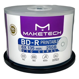 100 Un Bluray Maketech Printable 25 Gb 135 Minutos 6x Escura 100 Un Bluray Maketech Printable 25 Gb 135 Minutos 6x Escura