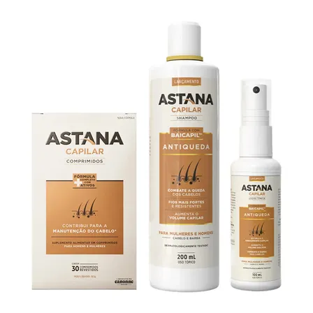 Kit Trio Astana Capilar Suplemento + Shampoo Antiqueda 200ml + Tônico Spray Loção Crescimento Acelerado Fortalece Os Fios Tratamento Para Cabelos Fracos