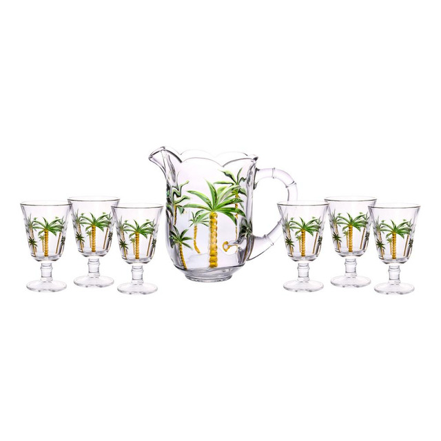 1 Jarra E 6 Taças Palm Hand Painting De Cristal 1,3l - Lyor 1 Jarra E 6 Taças Palm Hand Painting De Cristal 1,3l - Lyor