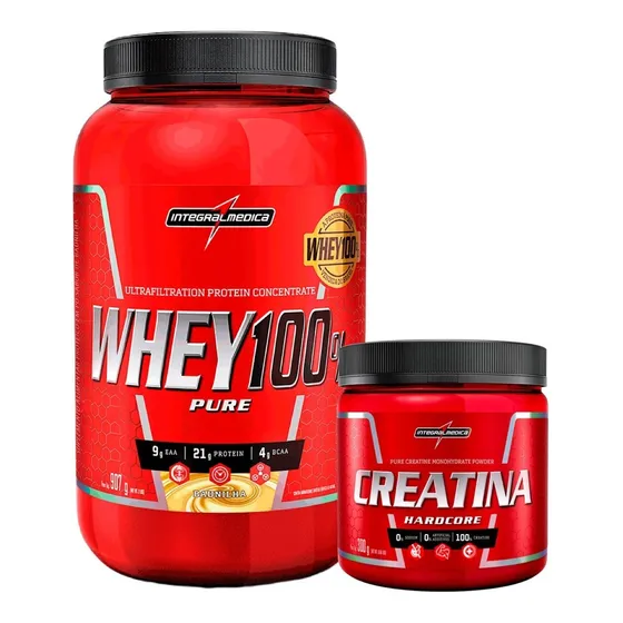 Kit Whey 100% Pure 900g Pote Creatina 300g Integral Médica