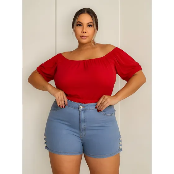 Short Jeans Plus Size Com Lycra Cintura Alta Premium