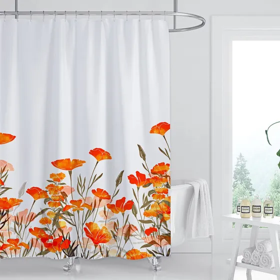 Cortina Ducha Larga Tela Floral Naranja Blanca Para Baño 12