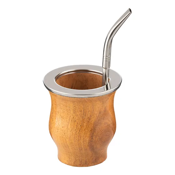 Mate Algarrobo Boca Ancha Virola De Acero Inox + Pico Loro Color Marrón Claro