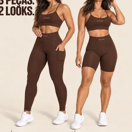 Kit Fitness Feminino: Calça Legging + Top + Shorts Cós Alto Marrom Liso M