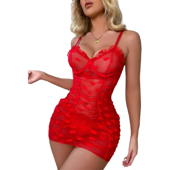 Mini Vestido Sexy Lenceria De Corazones Con Tanga