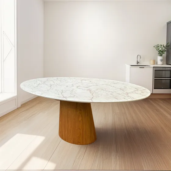 Mesa De Jantar Oval 120x80 Base Freijó Mdf Calacata