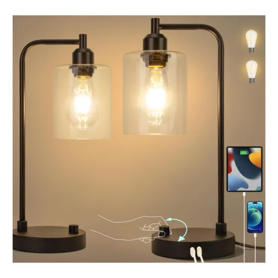 Lamparas De Mesa Regulable Pantalla Cristal 2usb Pack2 Uea