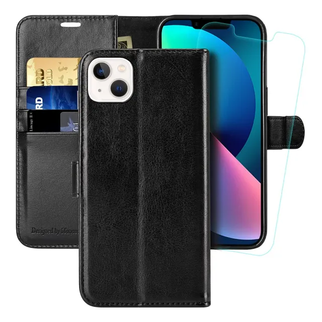 Wallet Case Compatible For iPhone [glass Screen Protector Included][rfid Blocking] Flip Folio Leather Cell Phone Cover With Credit Card Holder