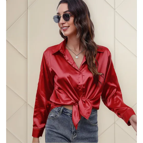 Blusa Elegante Manga Larga En Satín Con Cuello Tipo Camisa