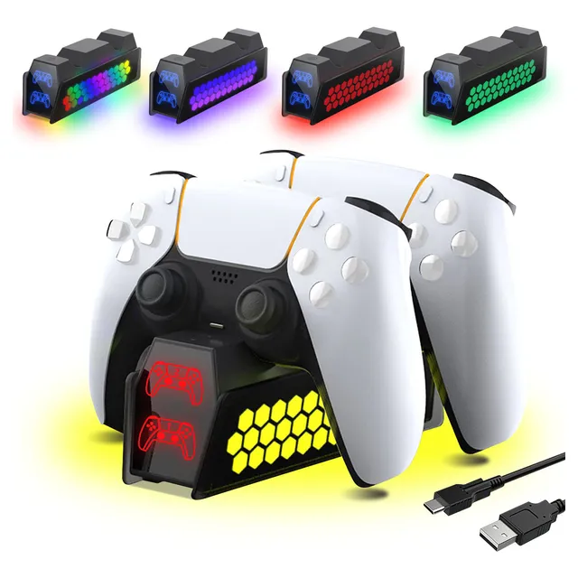 Cddgl Base De Cargador Para Ps5 Dualsense Joystick Controles Luz,estación de carga con luz RGB e indicador LED, soporte de acoplamiento para cargador remoto PS5 con cable USB-C