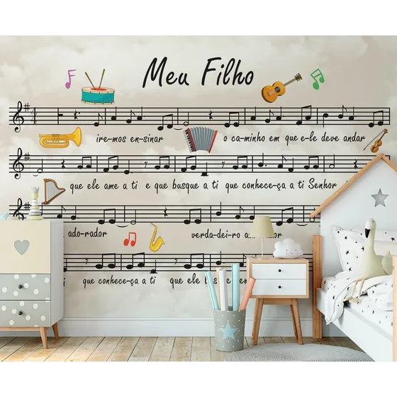 Papel De Parede Partitura Com Violão Instrumentos 8m² Vr151