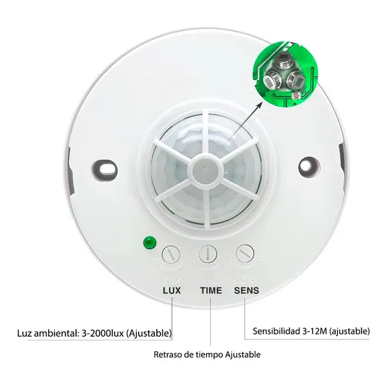 Sensor De Movimiento De Techo 360º De Alta Sensibiidad Ajust Color Blanco