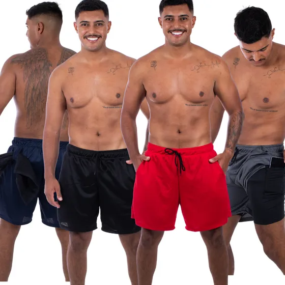 Kit 4 Shorts 2 Em 1  Masculino Academia 2 Bolso Interno Uv50