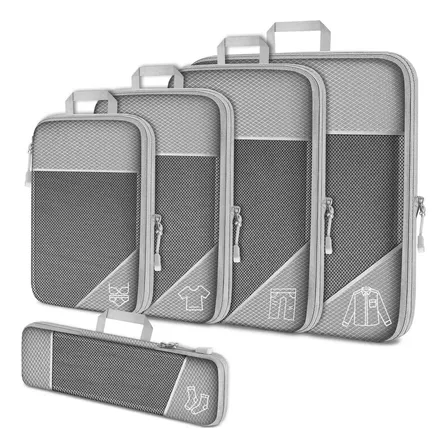 Kit 5 Sacos Organizador de Mala Viagem Reforcada Compressão Premium Cinza