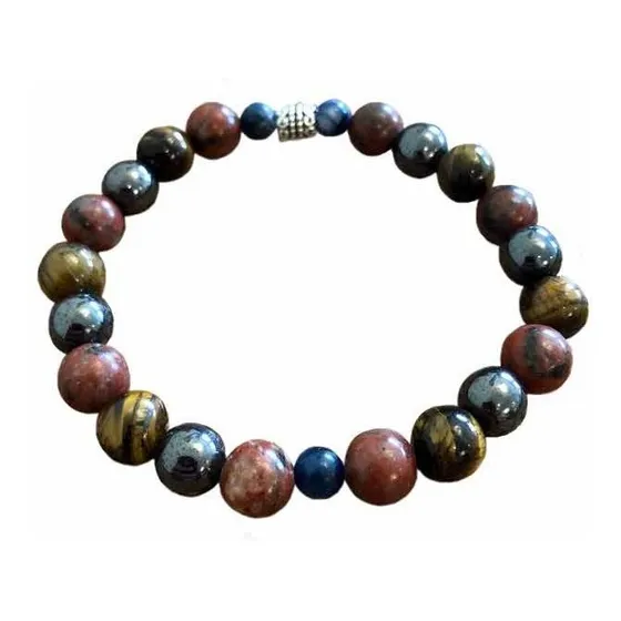 Pulseira Jaspe Vermelho Olho De Tigre Hematita Cianita Azul