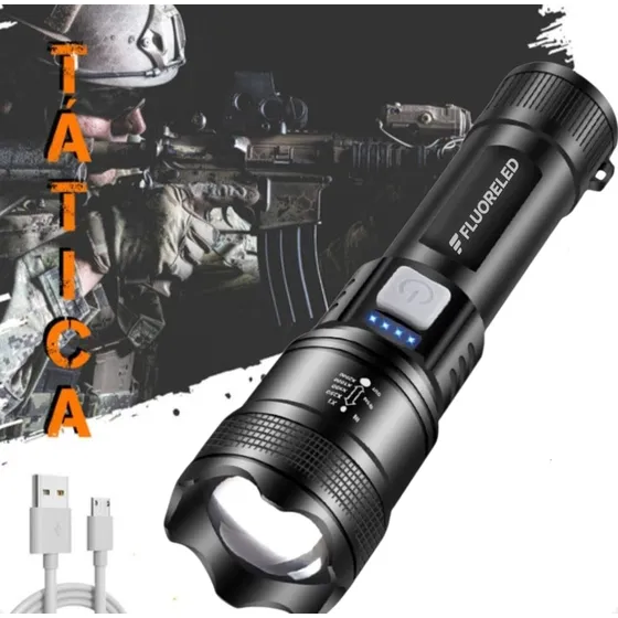 T9 Lanterna Tática Led Recarregável A Mais Potente Zoom Xhp Preto Luz Branco Fluoreled