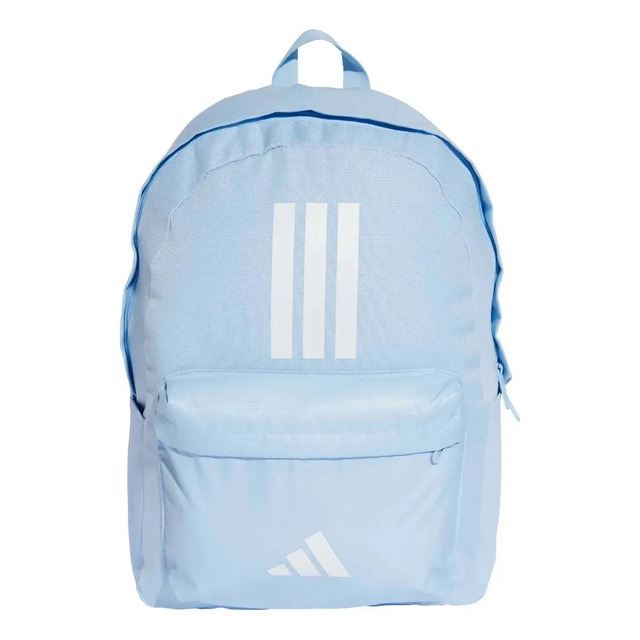 Mochila adidas Classic Back To School na cor azul-claro com três listras brancas verticais e logo frontal