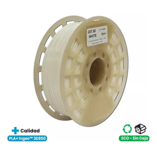 Filamento 3D GST3D PLA+ de 1.75mm y 1kg blanco