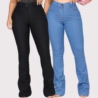 Kit 2 Calça Feminina Flare Jeans Cintura Alta Com Elastano Kit 2 Calça Feminina Flare Jeans Cintura Alta Com Elastano