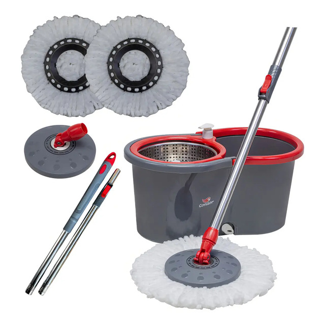 Mop Esfregão Giratório Condor Balde Inox 13 Litros + 2 Refis + Cabo Longo 1,4 Metros Cinza Mop Esfregão Giratório Condor Balde Inox 13 Litros + 2 Refis + Cabo Longo 1,4 Metros Cinza
