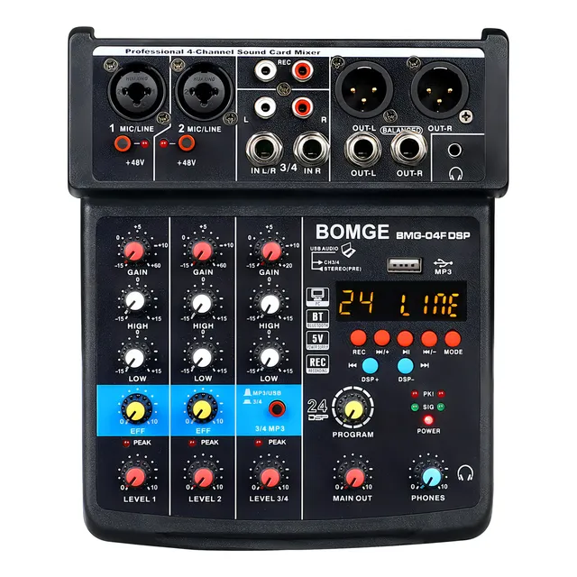 Mezcladora De Dj Bomge 04f D/4 Canales Mp3/usb/bluetooth/48v