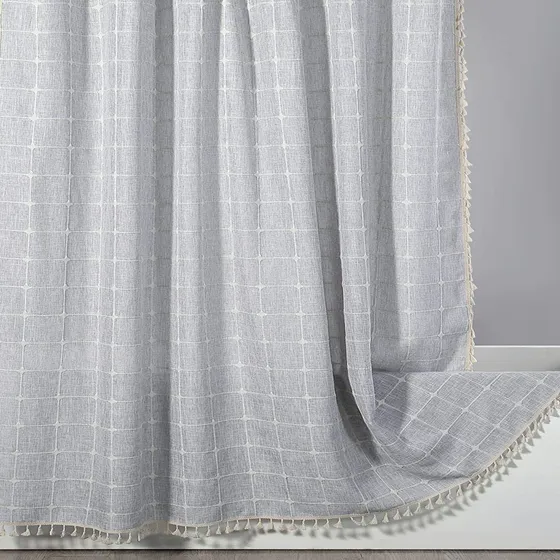 Cortina Ducha Estilo Bohemio Rustico Tela Lino Borla