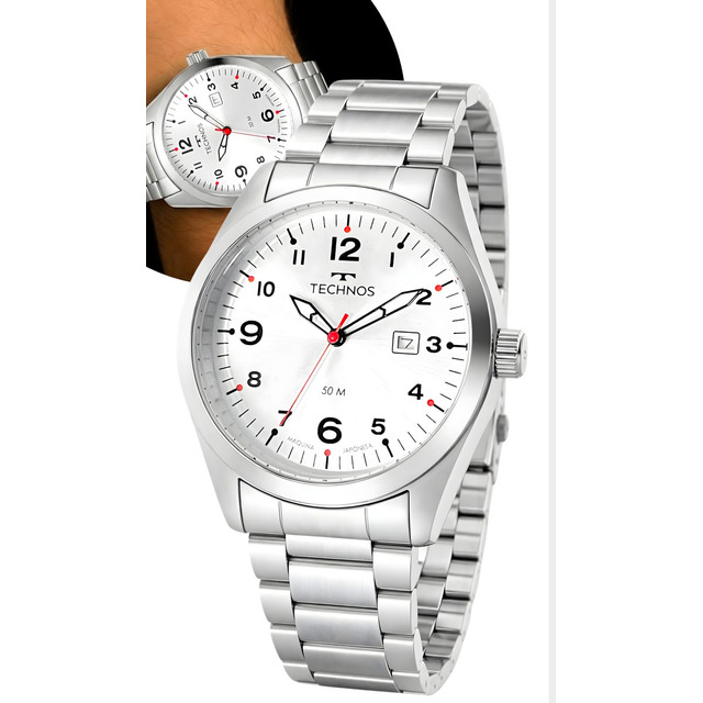 Relógio Technos Masculino Militar Prateado Quartz 2115tyr-1k Calendário Branco