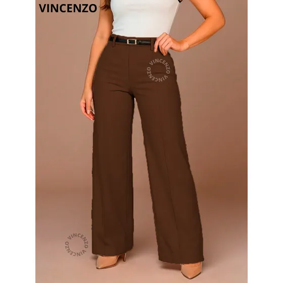 Calça Feminina Alfaiataria Pantalona Perna Larga Com Cinto
