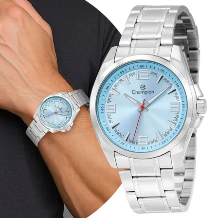 Relógio Masculino Prata Azul Aço Inoxidável Luxo Champion