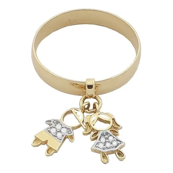Anel Em Ouro 18k  Pingente Casal Filhos