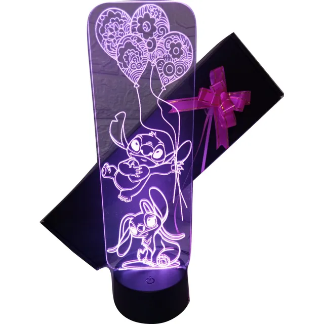 Lámpara 3d Ilusion Stitch Y Angel Espantacuco 34 Cm Alto Bn
