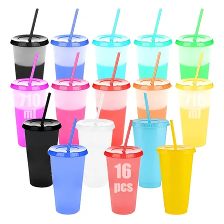 Vasos Magicos Cambian De Color Con Tapa Y Popote 710ml 16pzs