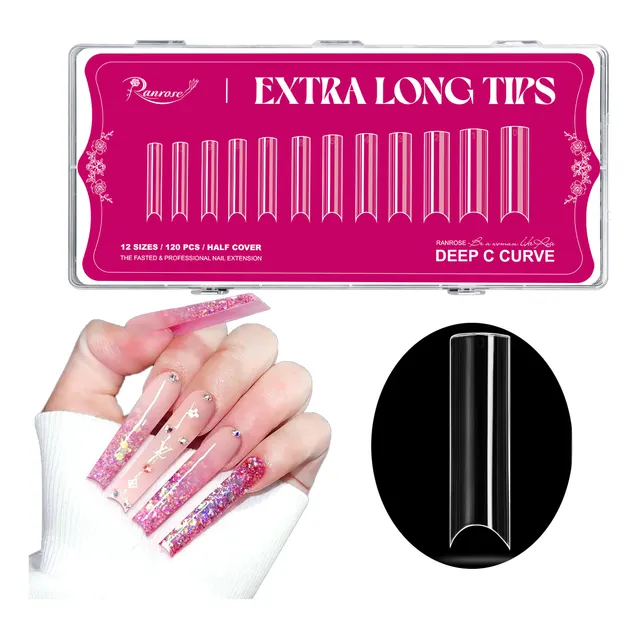 Uñas Acrílicas Transparentes De Bambú Tip Cuadrado Largo, 12