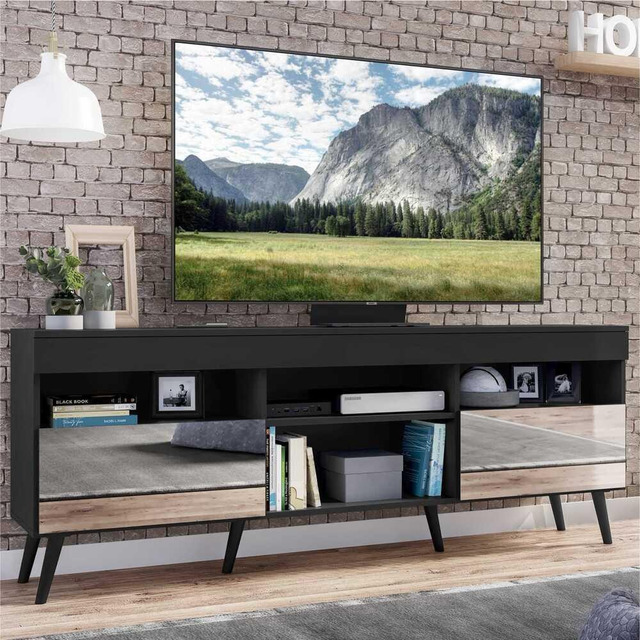 Rack Tv 65 C/ Espelho Pés Retrô Paris Multimóveis Preto Rack Tv 65 C/ Espelho Pés Retrô Paris Multimóveis Preto