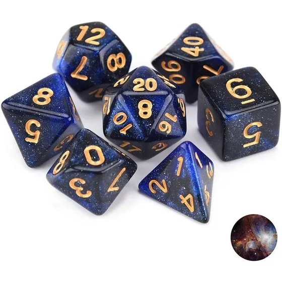 Dados Rpg - Nebulosa Glitter Azul Com Preto C/n° Dourado D&d