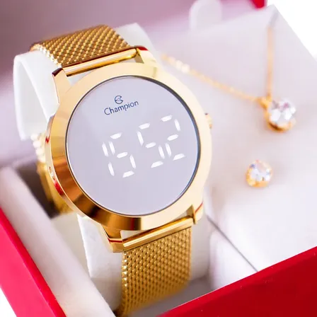 Kit Relógio Feminino Dourado Champion Digital Espelhado Colar E Brincos Com Correia Em Aço Inoxidável Prova D´agua 50 Metros